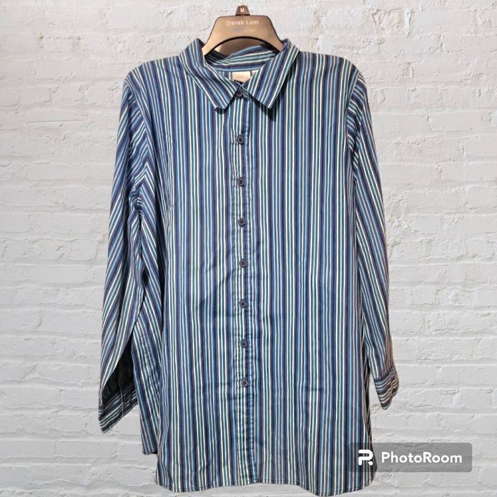 Roaman's Ladies Blue Cotton Button Down Striped Blouse Size 1X